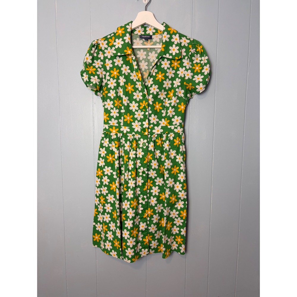 ModCloth Green Daisy Floral Shirt Dress Women's Medium Retro Button Front Cotton